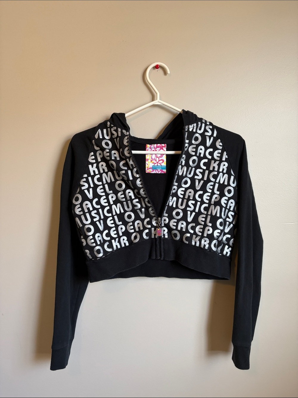 La SENZA Black Cropped Hoodie with Metallic Text Graphic